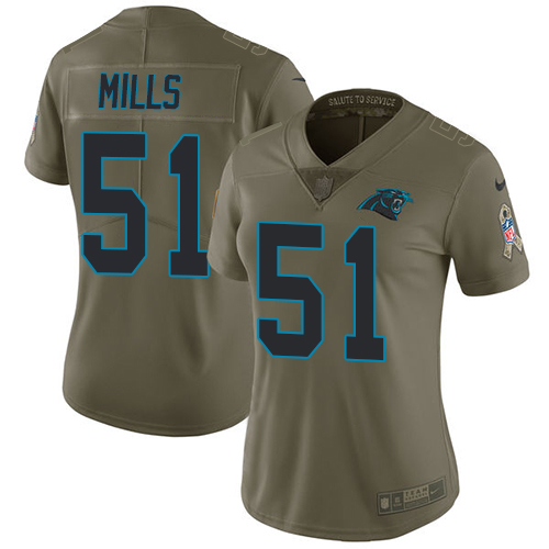 Nike Panthers #51 Sam Mills Olive Women's Stitched NFL Limited Salute to Service Jersey - Click Image to Close